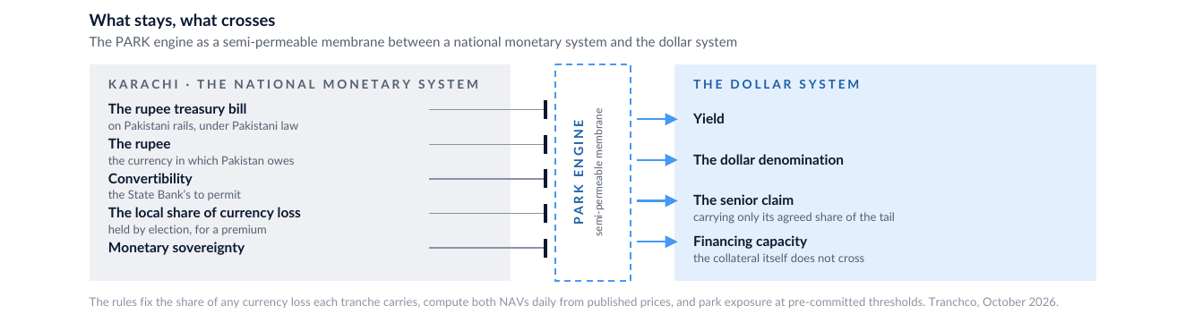 What stays, what crosses: the PARK engine as a semi-permeable membrane between the national monetary system in Karachi and the dollar system